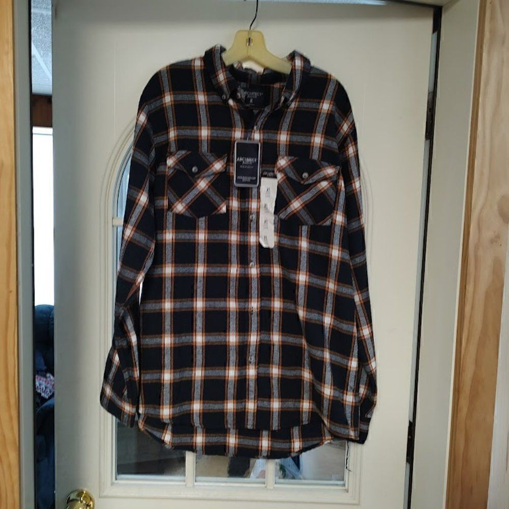 New Architect Navy Blue Orange Plaid Ultimate Flannel Shirt Men's XL
